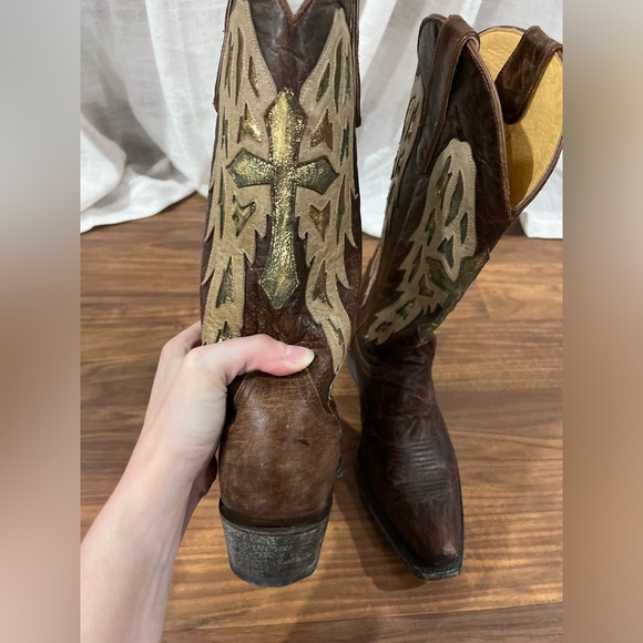 Yippy Kiyay Cowgirl BOOTS with Angel Wings and a CROSS Size 8 Brown Tan Gold - Picture 5 of 14